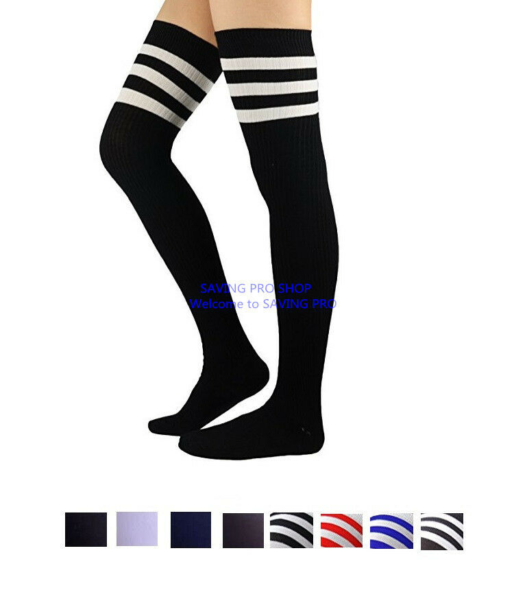 Women Cable Knit Long Stripe Socks Over Knee Thigh High School Girl Stocking